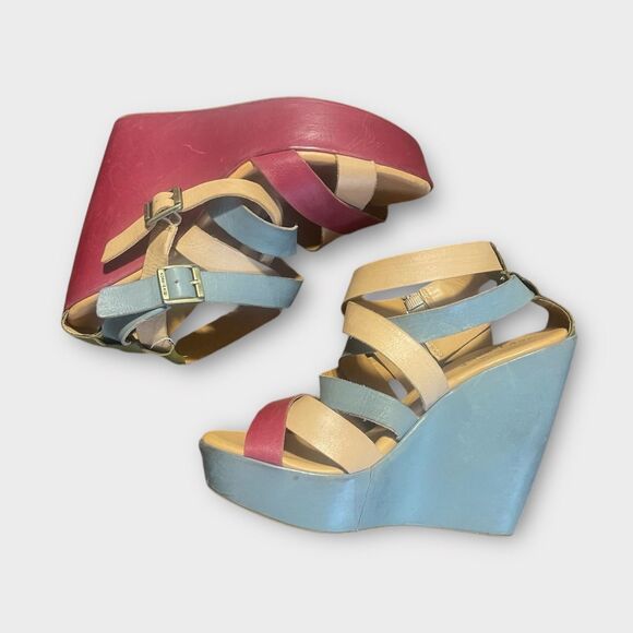 Kork-Ease Hailey Leather Platform Wedge Sandals 11 Natural Colorblock Spring - Picture 3 of 7